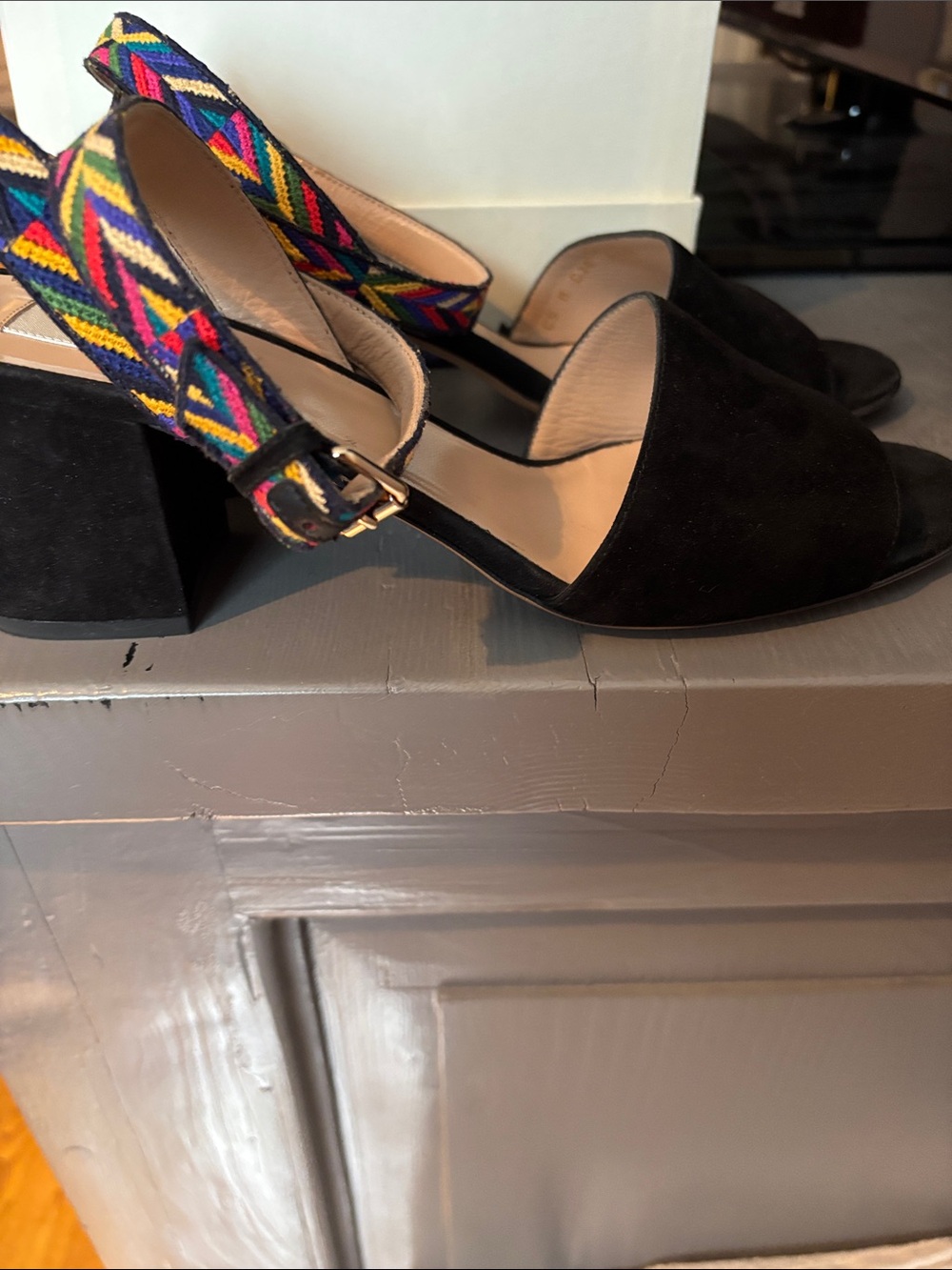 Black Suede Slingback Heels with Colorful Embroidered Strap - Picture 7 of 10